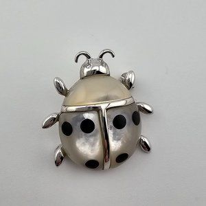 Lee Sands Sterling Silver Ladybug Pendant Brooch Mother Of Pearl & Onyx Signed